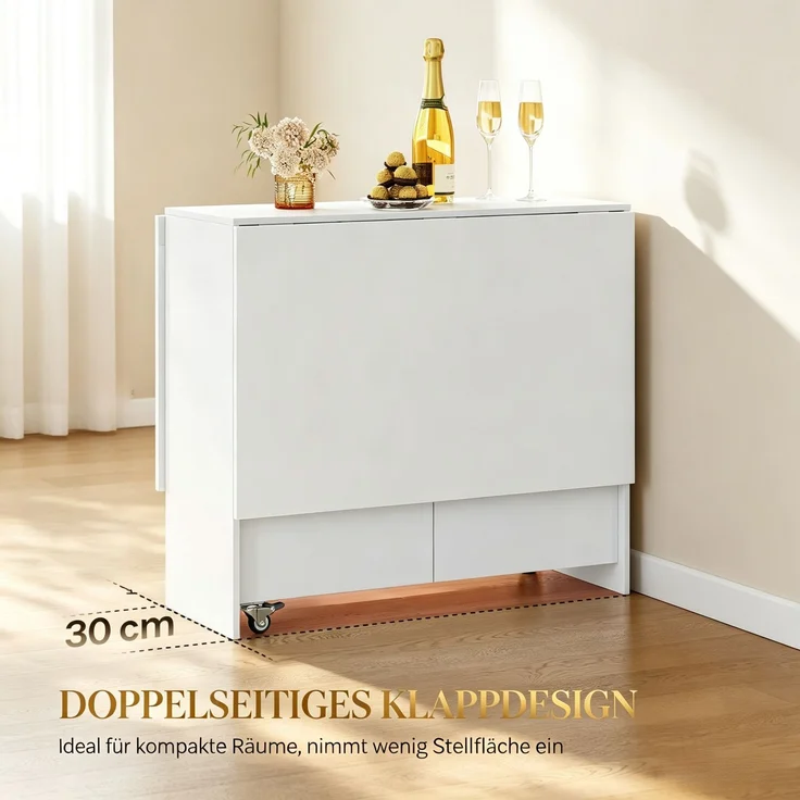 Mobiler Couchtisch,Klappbarer Rollentisch mit integriertem Stauraum für flexiblen Einsatz,Klapptisch,Funktionaler Beistelltisch,Erweiterbarer Esstisch(nur mit 1pcs Esstisch)--Weiß--95x90x35cm--YOUDENOVA – Bild 5