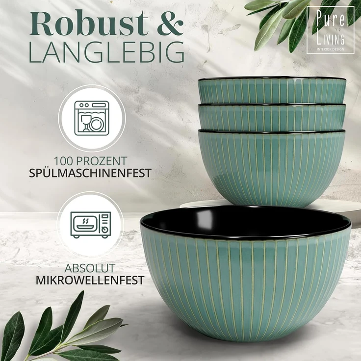 Steingut 48-teiliges Gerilltes Geschirrset – Schwarze und grüne Farben, Hochwertiges Essgeschirr für 12 Personen, Spülmaschinen- und Mikrowellengeeignet - Schüssel- und Teller Set " – Bild 5