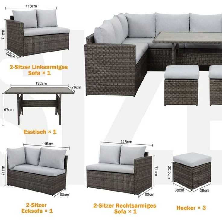 MeXo Loungeset Rattan Gartenmöbel Set 8 Personen Wetterfest, (Esstisch breit 132 x 76 x 67 cm, 7-tlg, Belastbarkeit pro Sitzplatz bis zu 140kg), Gartenlounge Set mit Esstisch, Verbreiterte Armlehne, Stahl/Polyrattan – Bild 4