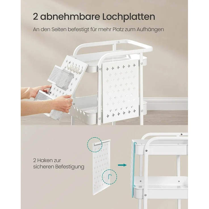 SONGMICS Rollwagen, Küchenwagen, 3 Metallgitterablagen, Servierwagen, 2 abnehmbare Lochplatten, 2 Hängekörbe, 4 Haken, für Büro, Küche, Wohnzimmer, Badezimmer – Bild 4