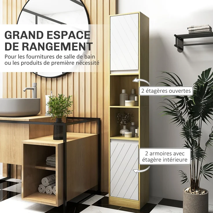 Gemütlicher Bad-Hochschrank 30 x 24 x 170 cm, 2 Türen, 1 Regal, 2 Nischen, Eiche hell, weiß – Bild 6