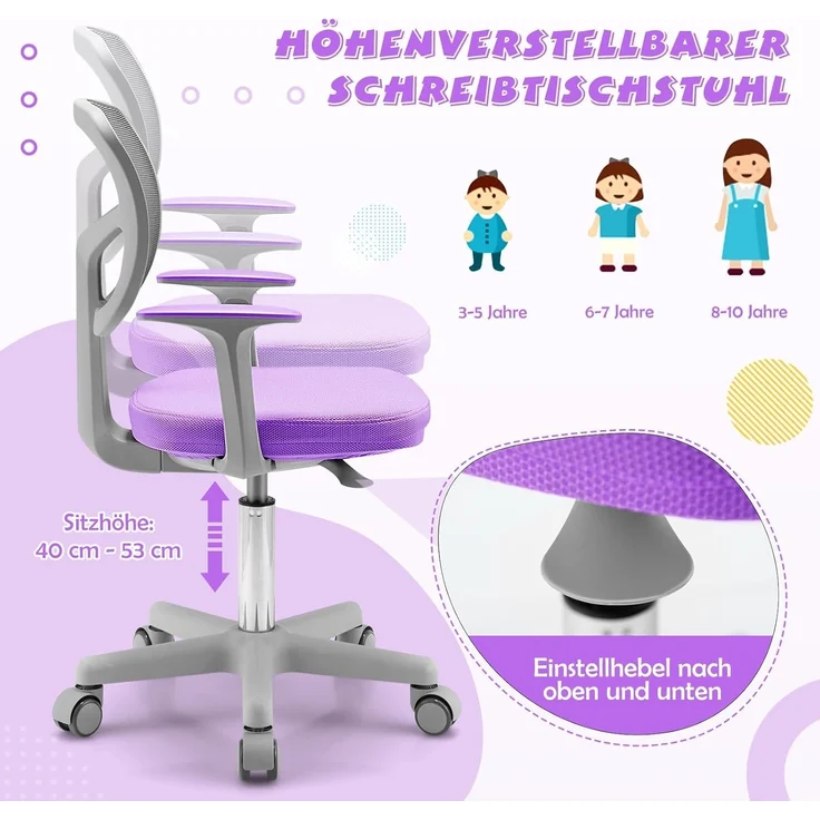 FANTASK 80-91,5 cm Kinder Schreibtischstuhl, Einstellbare Jungendstuhl mit Rückenlehne & Armlehnen, Drehbarer Kinderschreibtischstuhl, Violett – Bild 5