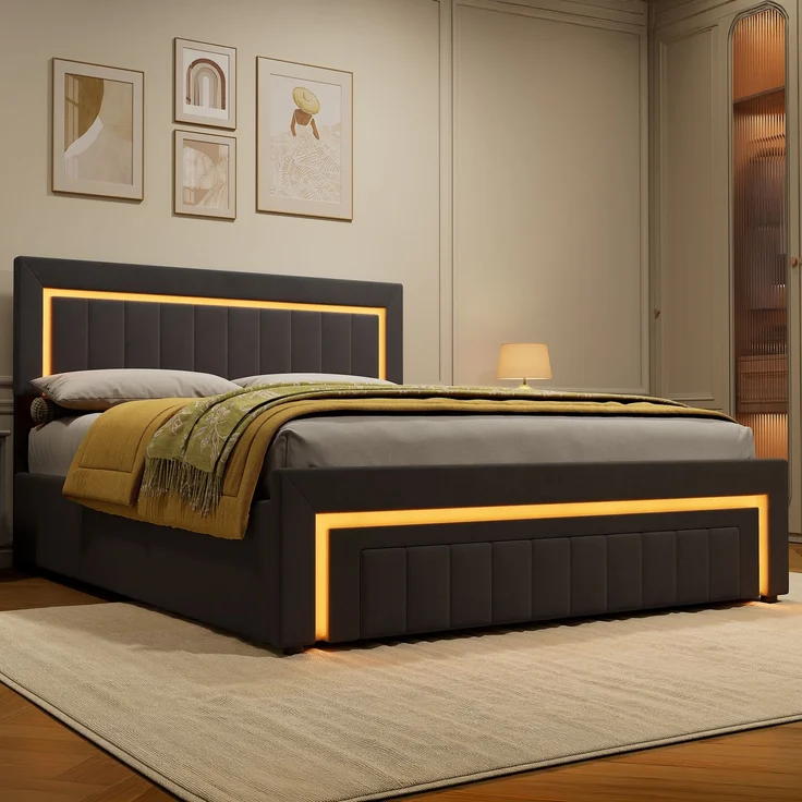 Polsterbett 160x200 cm mit LED-Beleuchtung, Samtbezug und Schubladen, Dunkelgrau – Ohne Matratze – Bild 2