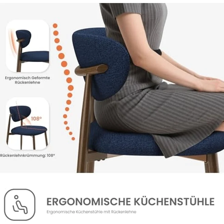 COLAMY Moderne Polsterstuhl Essstühle 2er Set, Küchenstuhl Esszimmerstühle mit Fester Rückenlehne, Stoff Esszimmerstühl mit Metallbeinen für Esszimmer, Küche, Restaurant, Blau – Bild 3