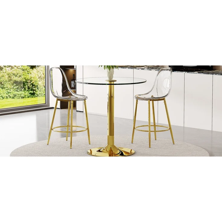 Flexibles Bar-Set: 89 cm Glastisch + 2 transparente Barhocker – speziell für europäische offene Küchen konzipiert. Goldfarbenes metallenes Gestell mit bequemer Fußstütze, Flexibles Bar-Set: 89 cm Glastisch + 2 transparente Barhocker – speziell für euro... – Bild 6