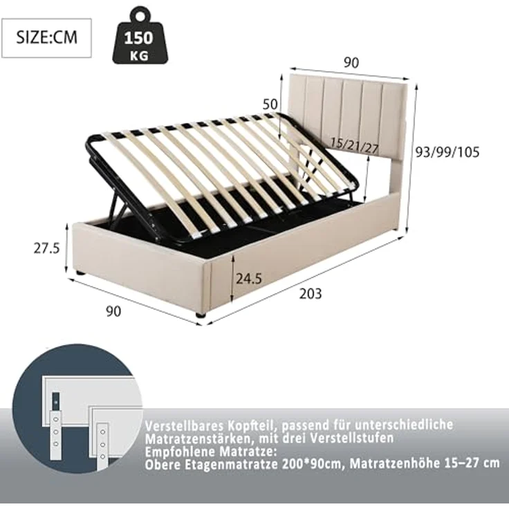 FAVSH Boxspringbett Einzelbett 90 x 200 cm - Hydraulisches Stauraumbett mit Lattenrost, Polsterbett mit Stauraum für Kinderbett Jugendbett mit Verstellbares Kopfteil, Leinen (Beige) – Bild 2
