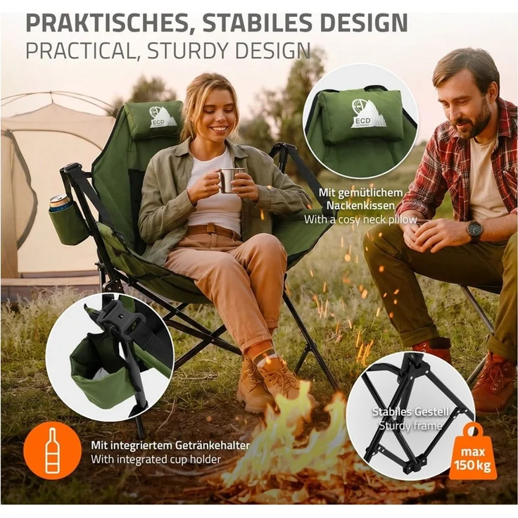 ECD Germany Campingstuhl Klappstuhl mit Stahlgestell Getränkehalter Nackenkissen & Tasche, Angelstuhl faltbar Faltstuhl mit Verstellbare Rückenlehne bis 150 kg – Bild 3