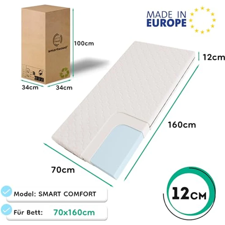 smartwood Kindermatratze 70x160 12cm Matratze für Kinder - H2 Schaumstoffmatratze Oeko-TEX-Zertifiziert - Wendbar - mit Waschbarem Antiallergischem Bezug – SmartComfort | Made in EU – Bild 2