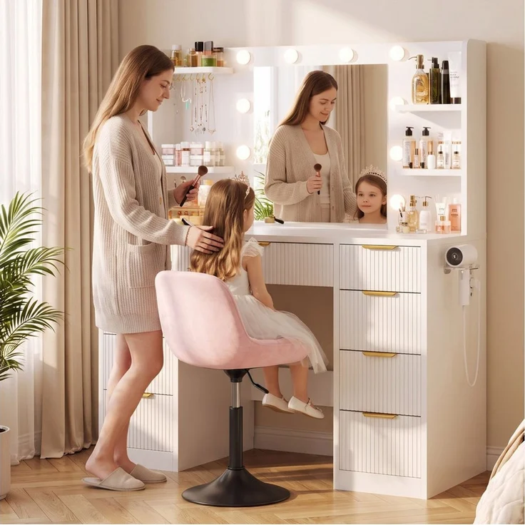 HOMALL Schminktisch LED-Beleuchtung, optional als Set mit Hocker erhältlich (Maße: 108 × 40 × 137 cm, 6 offene Ablagefächer, mit Schmuckhaken, 9 Schubladen, ausgestattet mit 1 USB-Anschluss, 1 Ladeanschluss, 2 Steckdosen und 1 Föhnanschluss, weiß-schwa... – Bild 3