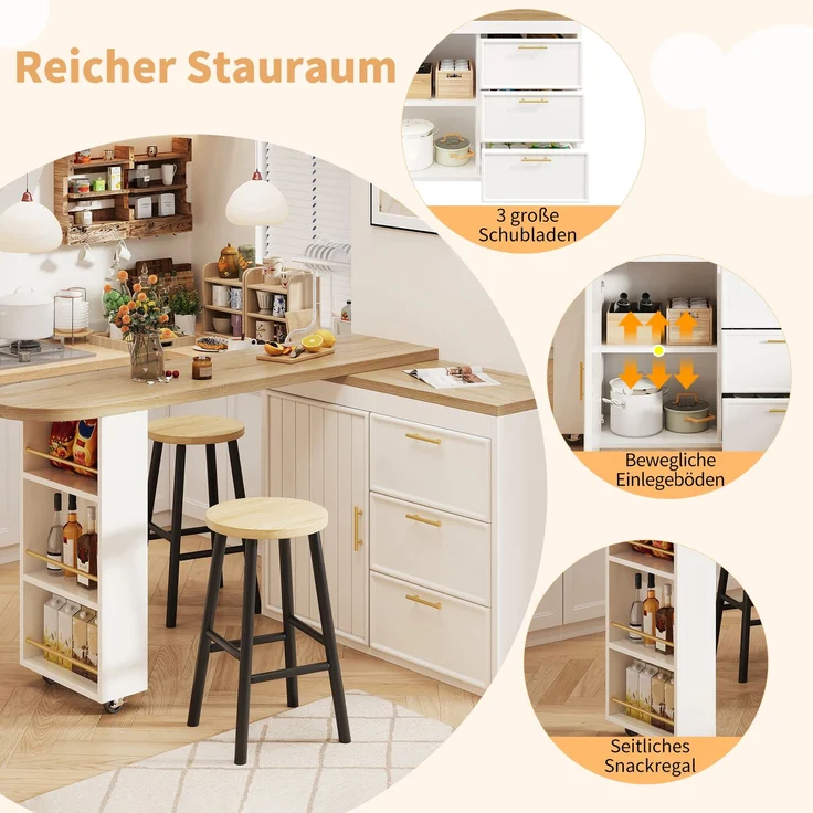Bartisch Tisch mit 360° Drehfunktion, Verstellbare Regale & Kippschutz, 3 Schubladen & Seitenablage, Vielseitiger Stehtisch für Esszimmer, Wohnzimmer & Homeoffice--Weiß--97x54.51x16cm--YOUDENOVA – Bild 8