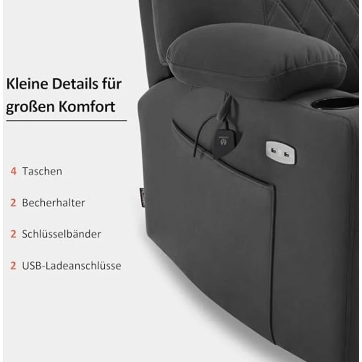 M MCombo Fernsehsessel mit Aufstehhilfe Elektrisch, Relaxsessel mit Liegefunktion, 2 Motoren, Seniorensessel für Wohnzimmer, Mikrofaser, 7501 (Dunkelgrau) – Bild 6