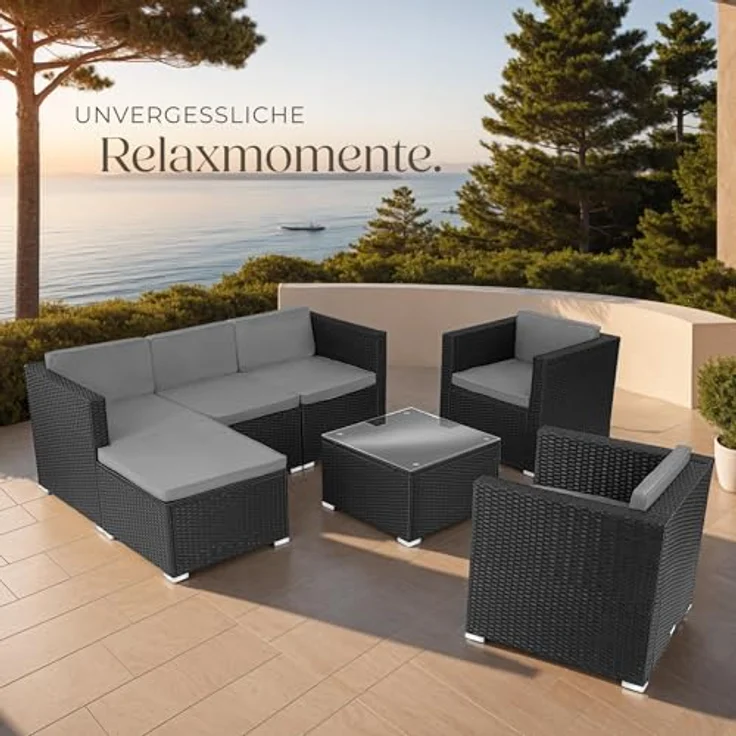 tectake® Poly Rattan Lounge, Outdoor Sitzgruppe, Set mit Sofa, 2 Sesseln, Hocker, Tisch, frei kombinierbar, Gartenmöbel für 5-6 Personen, für Garten Terrasse Balkon, inkl. Polster - schwarz – Bild 9
