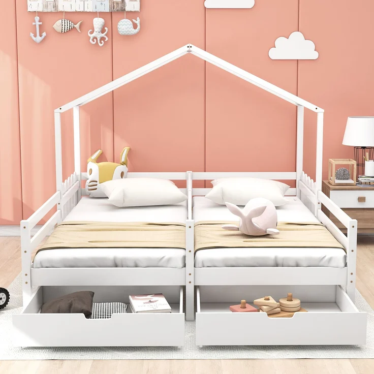 U-life Hausbett 90x200 cm, Doppelbett und Kinderbett, mit geteiltem Mittelzaun, 2 MDF-Schubladen und Sicherheitsgeländer, Kiefernholz, Weiß – Bild 2