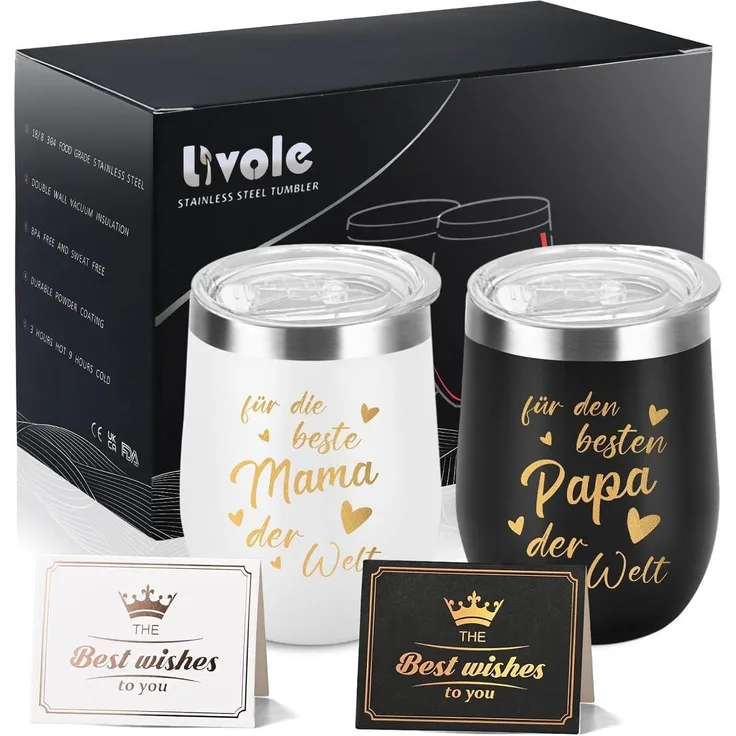 Livole Mama und Papa Geschenk Tasse Thermobecher 350ml 2 Stück Schwarz