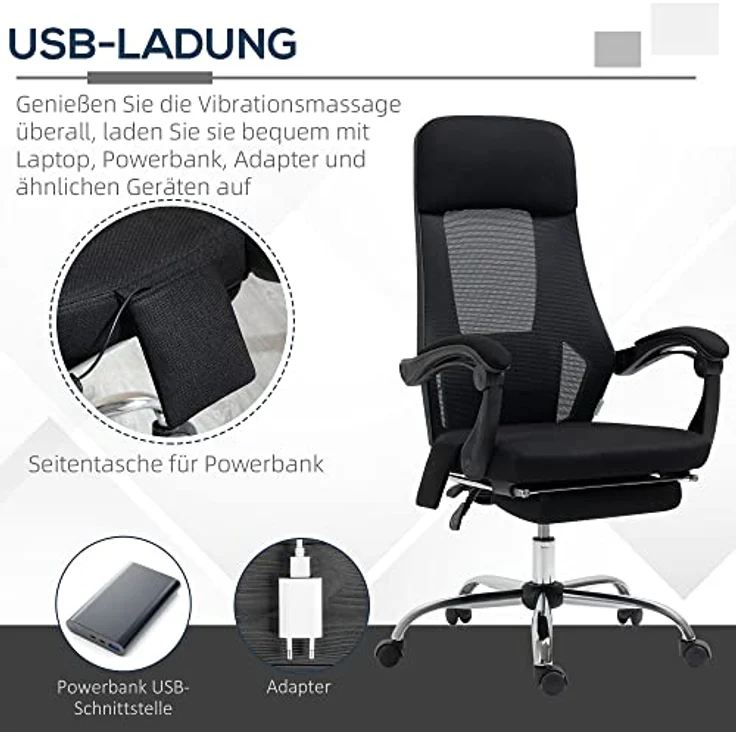 Vinsetto Bürostuhl mit Massagefunktion und Liegefunktion, ergonomischer Gaming Stuhl mit USB-Schnittstelle und atmungsaktivem Netzgewebe – Bild 5