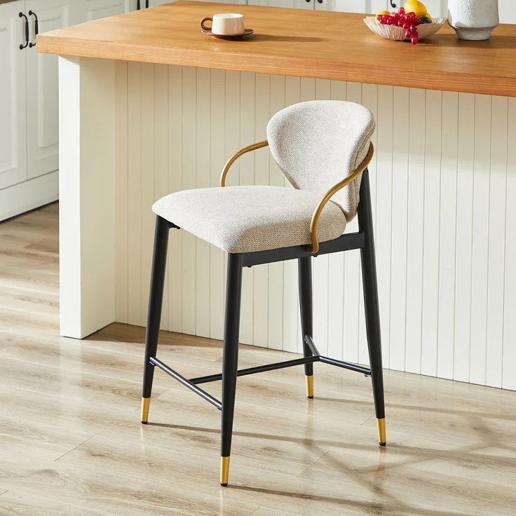 2er Set Barhocker in Hellbraun Chenille, Höhenverstellbar,Schwarz-Gold Kontrastfarbe Hohe Stühle mit Rückenlehne & Beinstütze, Geeignet für Kücheninsel & Bar--Schwarz, Gold, Hellbraun--87x58x29cm--YOUDENOVA – Bild 8