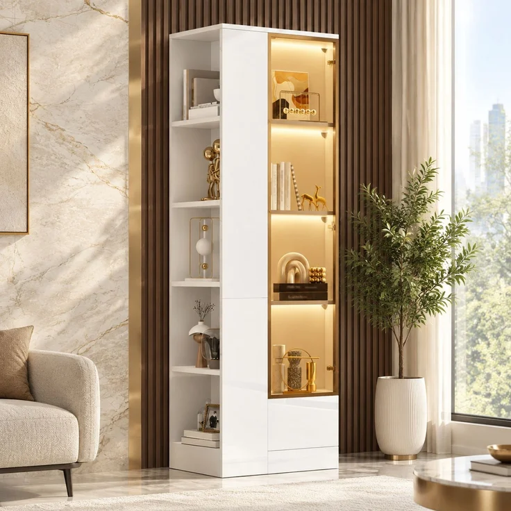Vitrine 50 x 35 x 160 cm aus Spanplatte und Glas, Weiß Hochglanz, mit LED-Beleuchtung – Bild 1