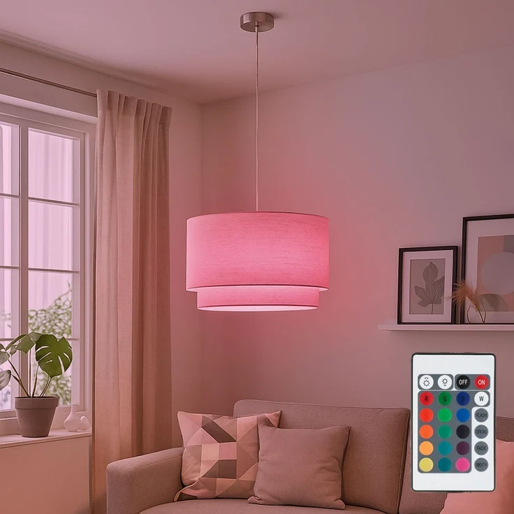 RGB LED Pendelleuchte, Textil beige, H 150 cm – Bild 2