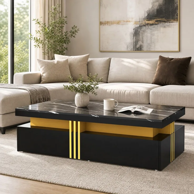 DESVIAE TV-Schrank-Set mit Couchtisch, 200x42x40 cm und 100x40x50 cm, Spanplatte, Schwarz, mit 5 Schubladen