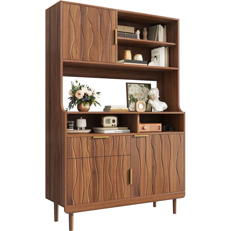 Sideboard,Hochschrank Küchenschrank Buffet Schrank Stauraumschrank mit Schublade Türen offene Regale MDF PB Holzschrank mit Massivholz Füßen--Nussbaum--100x32x170cm--YOUDENOVA – Bild 1