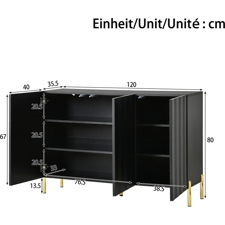 DESVIAE Sideboard Schwarz aus MDF/Spanplatte – 120x80x35,5 cm – 3 Türen, verstellbare Einlegeböden – Bild 10