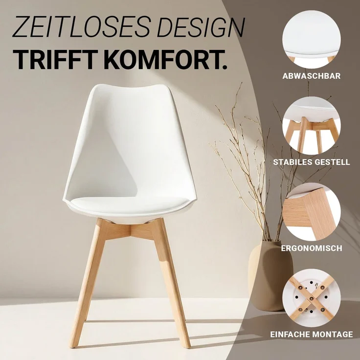 Küchenstuhl Weiß Set 2 Stühle Esszimmer Holz modern Kunststoff Esszimmerstühle Schalenstuhl Holzstühle – Bild 4