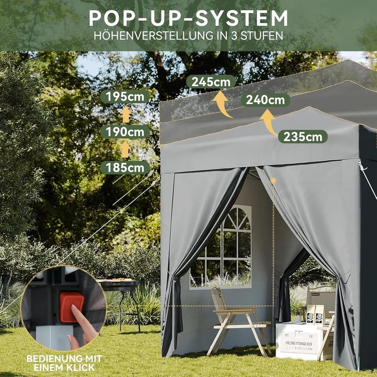 Aoxun Pop Up Pavillon 2x2m Wasserdicht mit 4 Seitenwänden, Metallrahmen-Schutzzelt, Höhe Verstellbar, Faltpavillon 2x2 mit Tragetasche für Camping Party, Grau – Bild 6