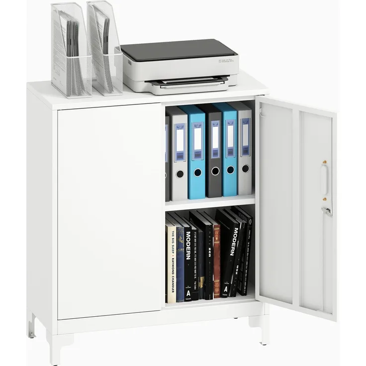 MELAYR, Büroschrank aus Metall, verschließbare Türen, Bürokommode, 2-stufiges Design, Weiß, 80 x 35 x 91 cm