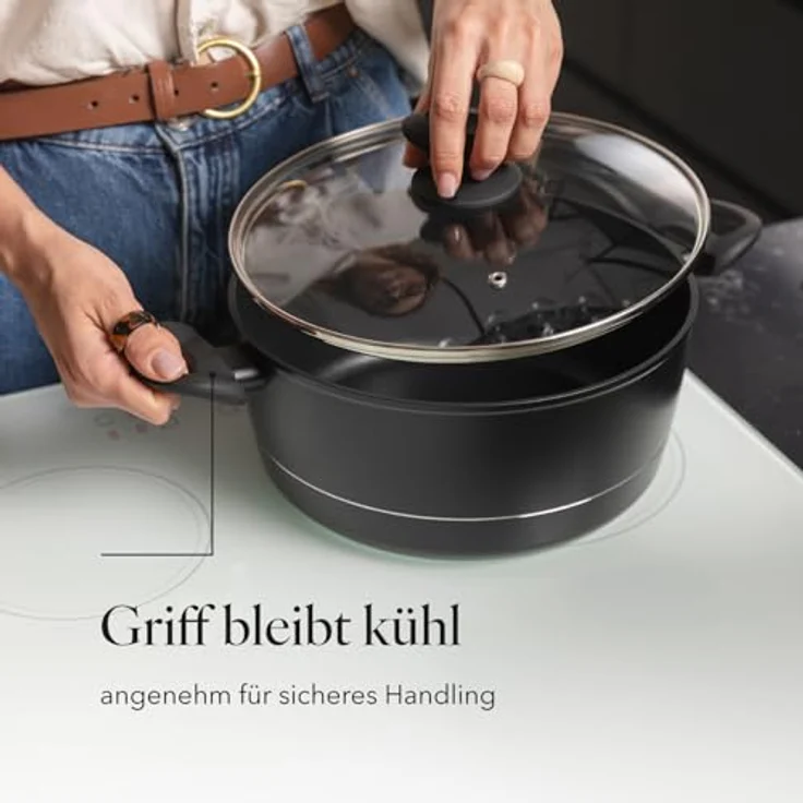 FLORINA Aluminium Topf (6,5 l) 28 cm I Kochtopf DELUX mit Glasdeckel I Messbecher & Antikratz-Beschichtung I Topf mit Induktionsboden I Geeignet für Induktionsherd, Gasherd und Elektroherd (Schwarz) – Bild 8