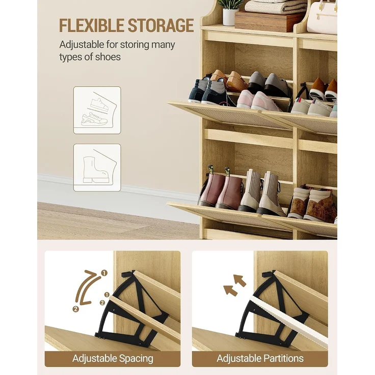 Schuhschrank, Schuhregal Schuhkipper Schmal, Verstellbar, Schuhkommode für Eingang, Flur, Garderobe, 20 Paar, 4 Klappen (100B cm), Gelb – Bild 6