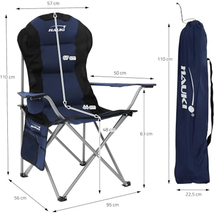 Hauki Campingstuhl Faltstühl faltbar mit Getränkehalter & Tragetasche bis 150kg (2 St), 2x Klappstuhl 56x95x110cm Blau Angelstuhl mit Hochlehner Gepolster – Bild 3