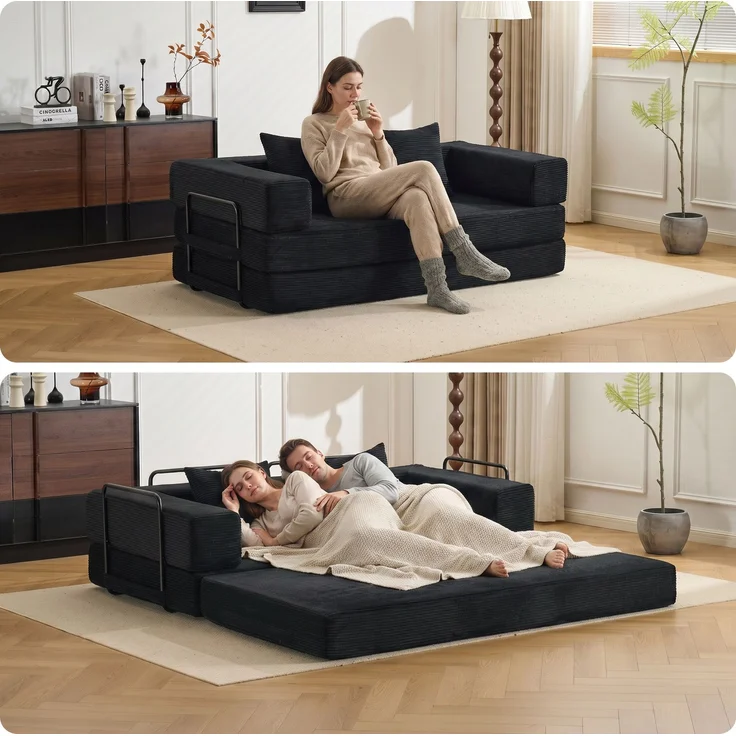 Bodensofa, Kompressionssofa, Schlafsofa mit Kissen, Rückenlehne und Armlehnen, bequemes Futon-Sofa, Cordstoff, für Wohn- und Schlafzimmer, Schwarz--Schwarz--185x92.5x60cm--YOUDENOVA – Bild 8
