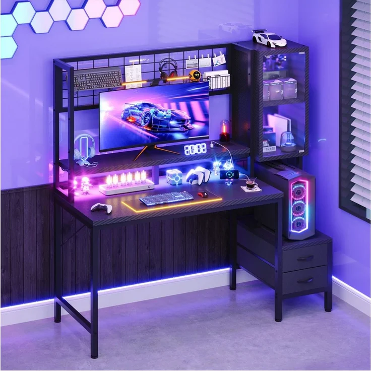 GUNJI Eckschreibtisch 100/120L Form mit Ablagefächern, 2 Tier DIY Lagerregalen Computertisch (mit Monitorstander & Vitrine, mit 2 Schubladen, Ergonomischer Computertisch mit Stromleiste, 120/14ocm Schreibtisch fur Gaming & Homeofice,Schwarz), Schreibti... – Bild 2