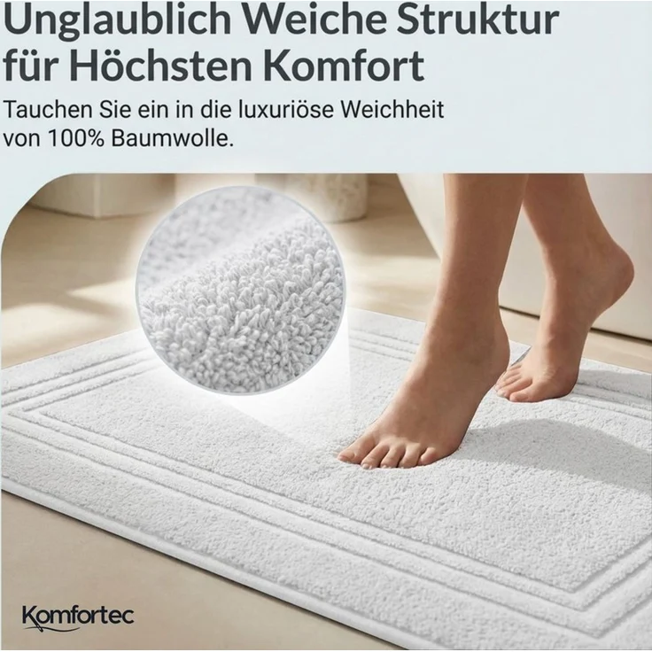 Komfortec Badvorleger Set 2 Teilig, Frottee Duschvorleger, Waschbar Duschmatte & Badteppich, 600 g/m² &100% Baumwolle, Saugfähig & Schnelltrocknend, 50x70 cm, weiß – Bild 1