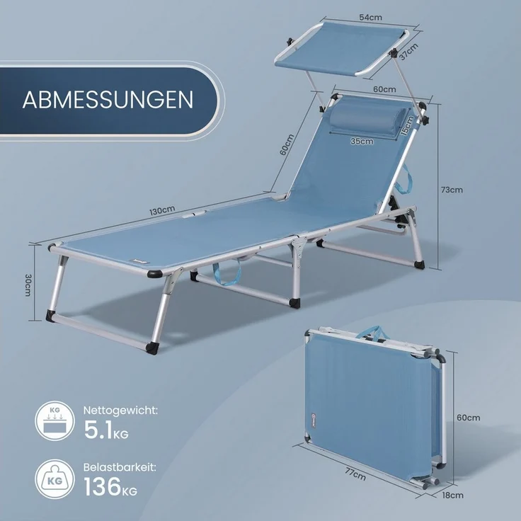 HOMECALL Gartenliege Leicht Sonnenliege Klappbar Alu Liegestuhl Strandliege, 1-tlg, 5 fach Verstellbare Rückenlehne, Sonnenschutzdach, bis 136KG – Bild 2