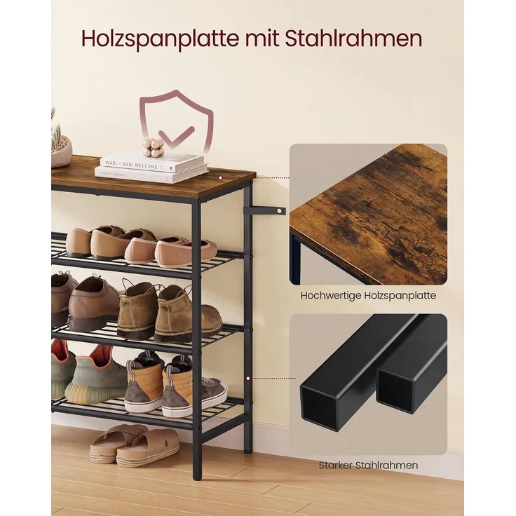 VASAGLE Schuhbank, Schuhaufbewahrung, Schuhregal, Metallrahmen, 4 Ebenen, für bis zu 12-16 Paar Schuhe, braun-schwarz – Bild 5