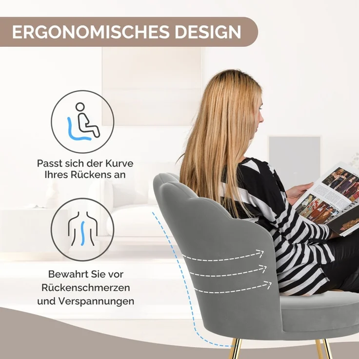 Hawthyhome Polsterstuhl Polstersessel 2er Set mit Blütenblatt-Rückenlehne, goldene Metallbeine, ergonomische hohe Rückenlehne mit Kopfstütze, Wasserfall-Sitzkissen, SGS-zertifiziert & bis 150 kg belastbar, elegantes Design, ideal für Esszimmer, Schmink... – Bild 5