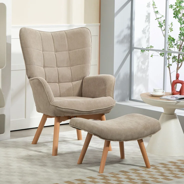 Akzentsessel mit Hocker, Relaxsessel in Cord-Optik, Armlehnstuhl mit Holzbeinen, für Wohnzimmer, Hellbraun--Khaki--80x72x101cm--YOUDENOVA – Bild 4