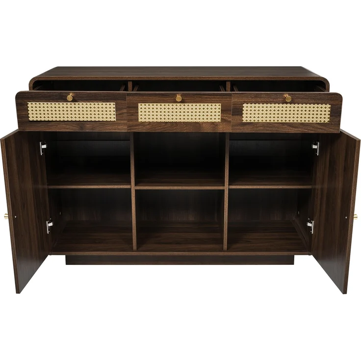 Abrihome Sideboard mit Rattan, Goldgriffen und offenem Regal, Braun, 85x40x120 cm – Bild 5