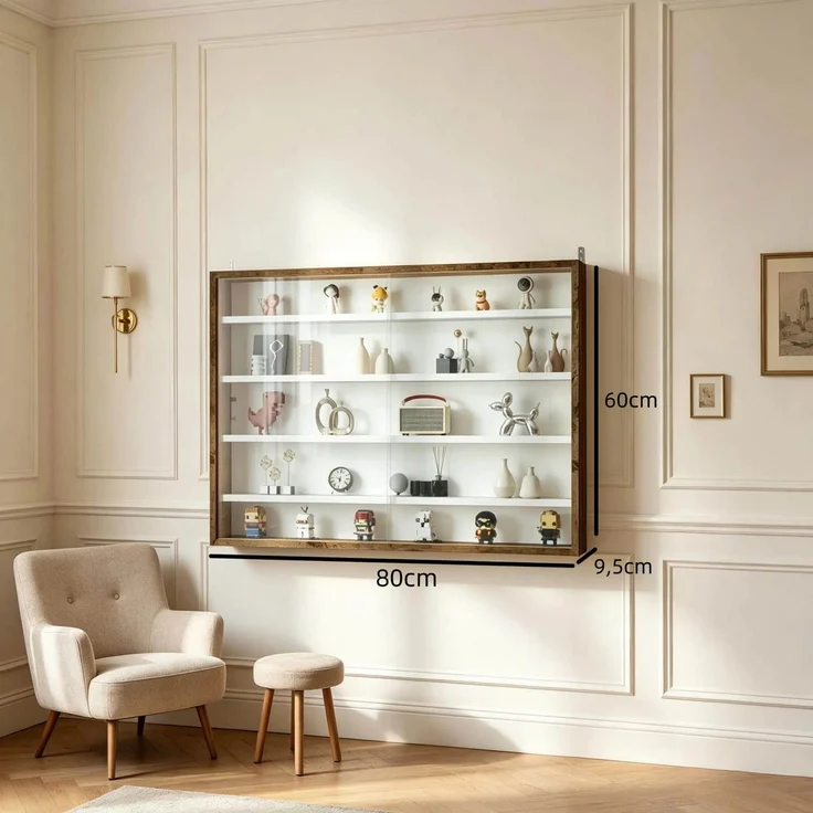 Dekorative Wandvitrine für Sammlerstücke, 5 höhenverstellbare Einlegeböden & 2 Schiebetüren(nur mit Wandbildschirm)--Braun + Weiß--80x9.5x60cm--YOUDENOVA – Bild 9