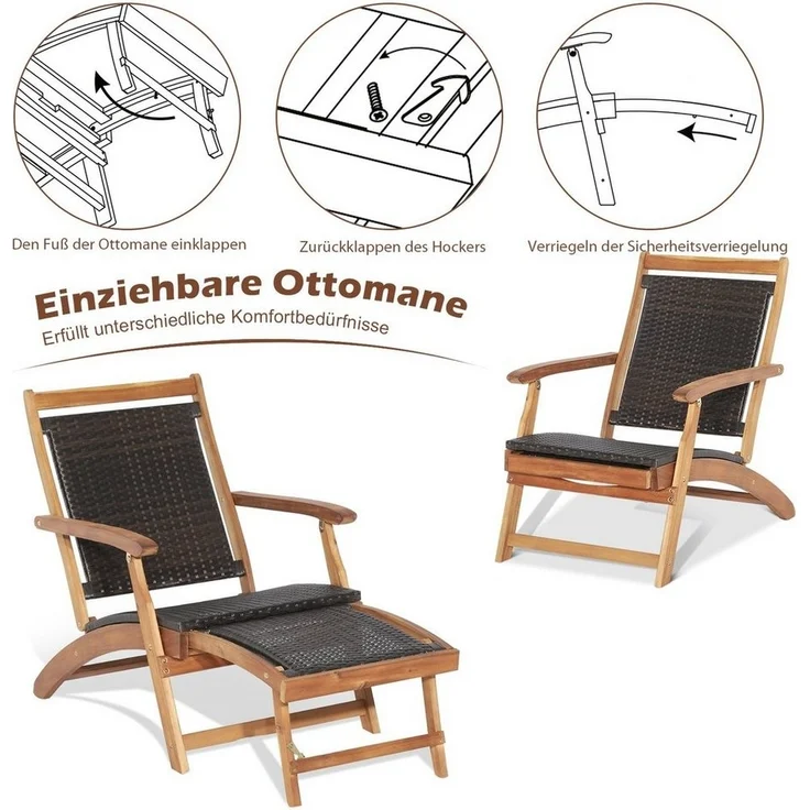 COSTWAY Gartenliege, klappbar, rattan mit Tisch&Fußstütze, 5-fach verstellbar – Bild 3
