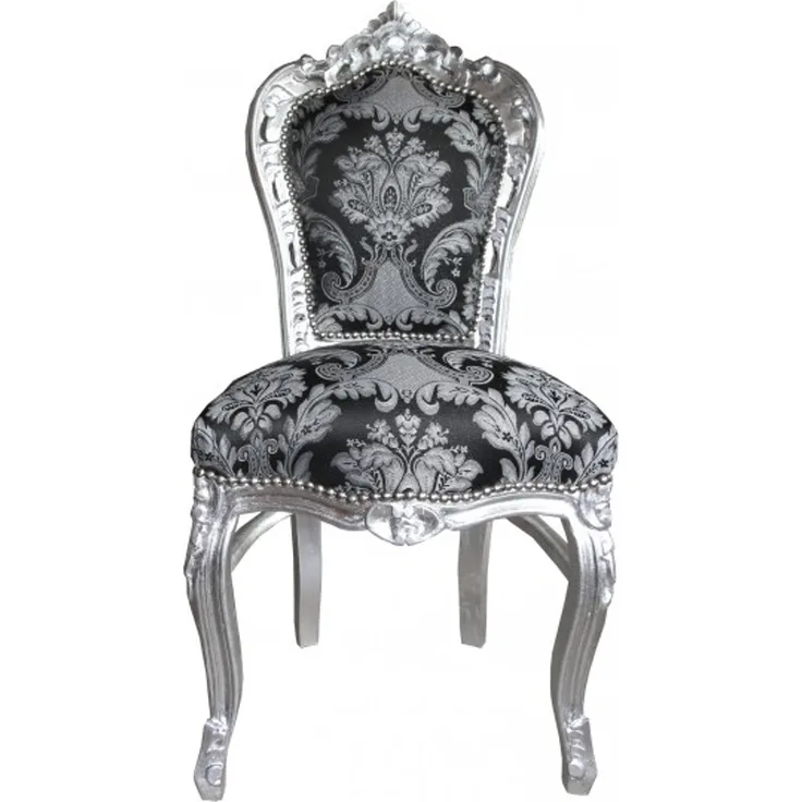 Casa Padrino Barock Esszimmer Stuhl ohne Armlehnen Schwarz Muster / Silber - Antik Stil Möbel
