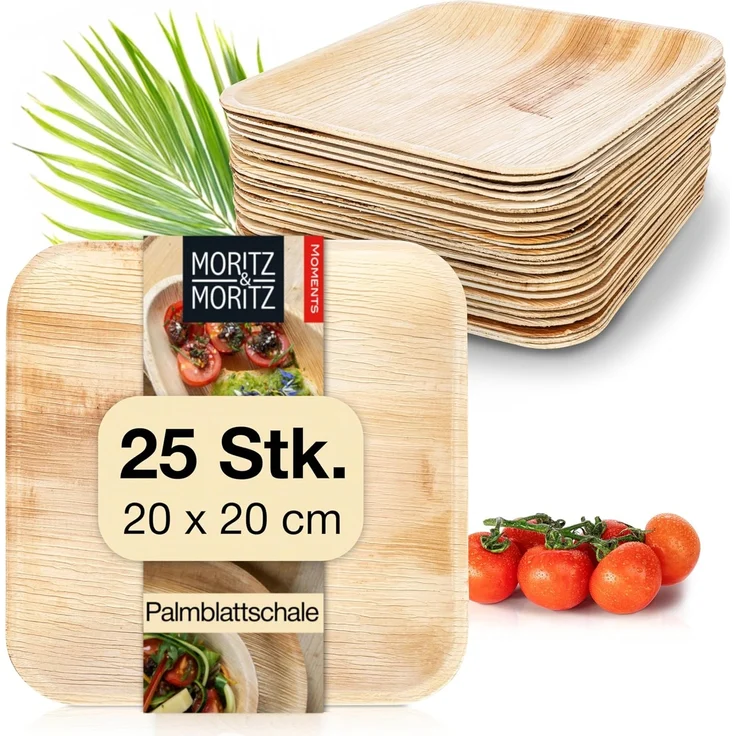 Moritz & Moritz Einweggeschirr-Set 25tlg Palmblatt Geschirr Eckig 20cm (25-tlg), 25 Personen, Palmblatt, Birkenholz, 25x25cm – Bild 1
