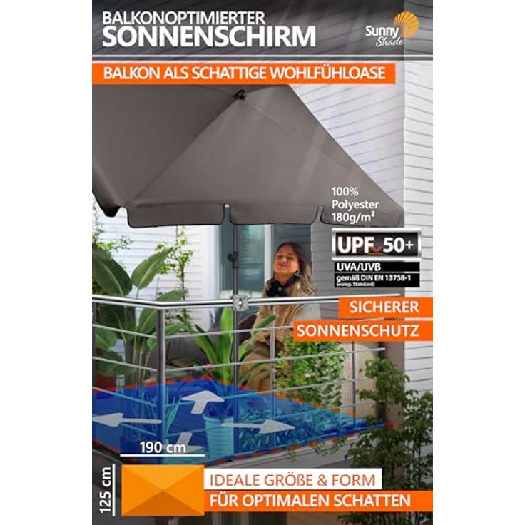Menz Sonnenschirm Balkon - 3-IN-1 Sonnenschutz Balkon SET in Anthrazit, UPF 50+ Sonnenschirm rechteckig 200x125 cm + Sonnenschirmhalter Balkongeländer + Sonnenschirmhülle – Bild 4