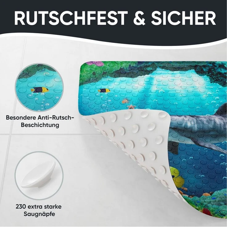 Sanilo Duschmatte, mit Motiv, rutschfest, waschbar, quadratisch, 230 extra starke Saugnäpfe, Kunststoff PVC, 53 x 53 cm, Delphin – Bild 4