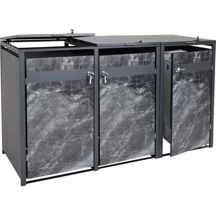 3er Mülltonnenverkleidung HWC-J82, Mülltonnenbox, erweiterbar, Metall 80kg, anthrazit ~ Marmor-Optik dunkel – Bild 1