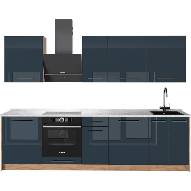 Küchenzeile Fame-Line Dunkelblau Hochglanz/Goldkraft Eiche 280 cm, AP Marmor Vicco – Bild 1