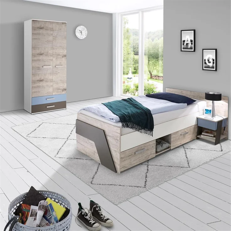 Jugendzimmer Set mit Bett 90x200 cm 3-teilig mit Kleiderschrank LEEDS-10 in Sandeiche Nb. mit weiß, Lava und Denim Blau – Bild 1