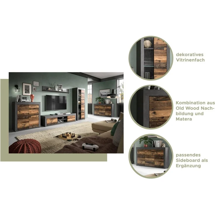 OTTO home Wohnwand AOSTA, Breite 330cm, 4-teilige Wohn-Kombination, (4-St, bestehend aus: Highboard, Lowboard, Wandboard & Vitrine), Wohnwand, Kombination, Anbauwand, Möbel Set, Schrankwand, Möbel Kombi – Bild 3