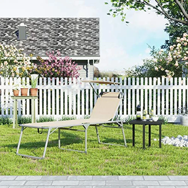 Songmics Sonnenliege mit Dach, Liegestuhl, Gartenliege, Aluminium, groß, 65 x 200 x 48 cm, bis 150 kg belastbar, Rückenlehne verstellbar, klappbar, Garten, Balkon, Terrasse, beige GCB26BE – Bild 3